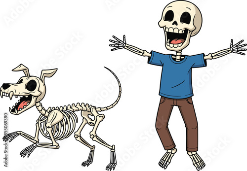 Skeleton dog and human cartoon, spooky funny bones, Halloween humor, playful undead characters, quirky anatomy art, joyful skeleton scene - flat vector illustration