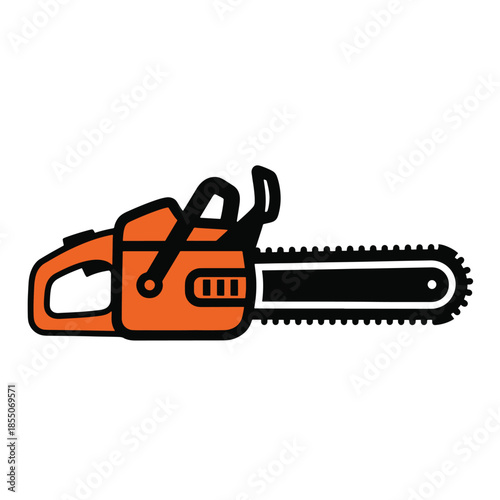 Orange chainsaw with black handle and blade on white background