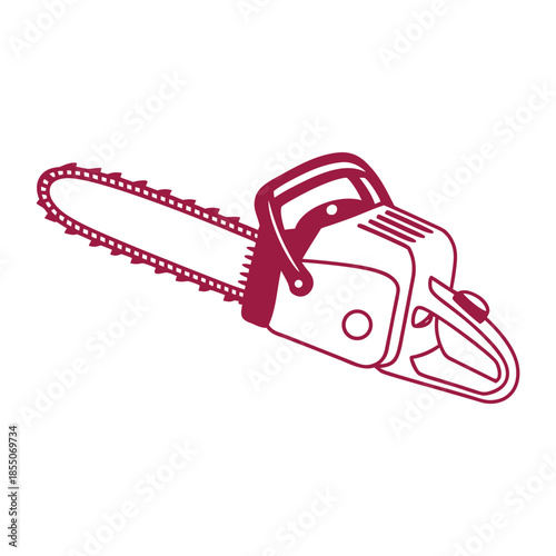 Red outline of a chainsaw with sharp teeth and handle