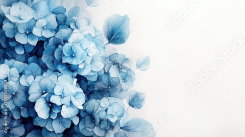 flat lay watercolor painting of hydrangea flowers in shades of blue, minimal clean white background