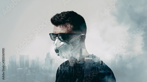 Urban pollution awareness: A person with a protective mask amidst city smog highlights air quality concerns and environmental health.