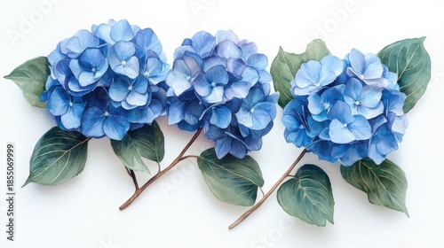 flat lay watercolor painting of hydrangea flowers in shades of blue, minimal clean white background