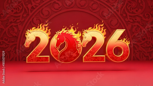 Vibrant 2026 design with dragon heads and flames on red background
