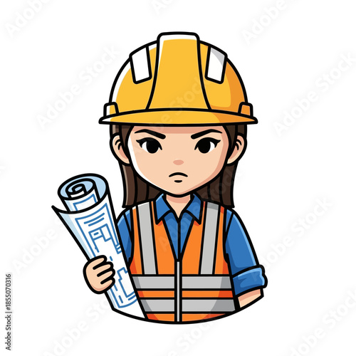 Female Construction Worker Holding Blueprints.