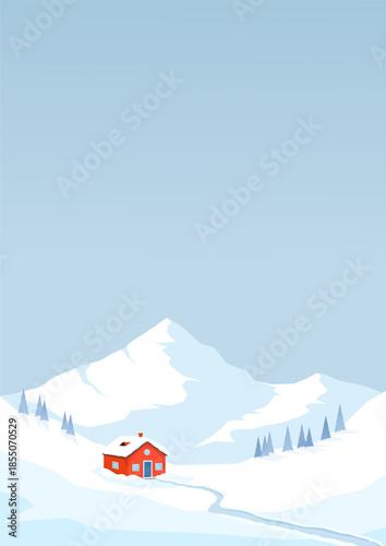 Landscape of a snowy valley and a single red house. Mountain peaks in the background. Minimalistic landscape. Vector illustration in flat style.