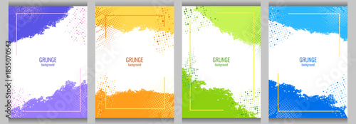 Set of colorful grunge frames with distressed texture on white background. Halftone dots. Template design for social media, covers, photo frames. Vector illustration.