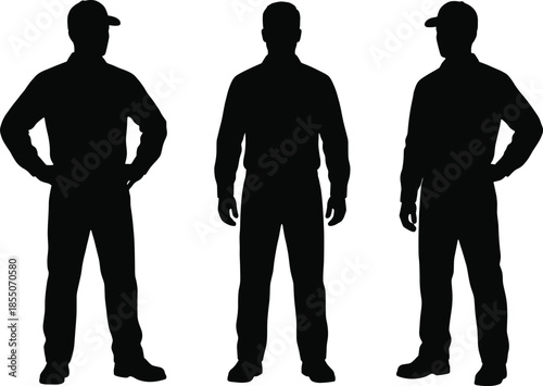 Worker silhouettes standing in different poses, professional male labor figures, industrial uniform, people icon set, isolated on white background, vector