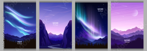 Collection of night natural landscapes. Road between steep cliffs, aurora borealis, panoramic view of mountain ranges, sunset. Travel, tourism concept. Vector illustration.
