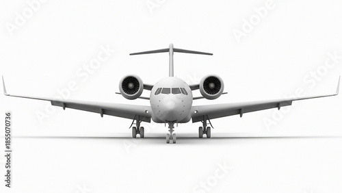 White twin-engine propeller aircraft front view with landing gear extended airplane