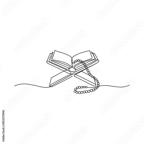Minimalist line art of an open book with rosary beads isolated on white