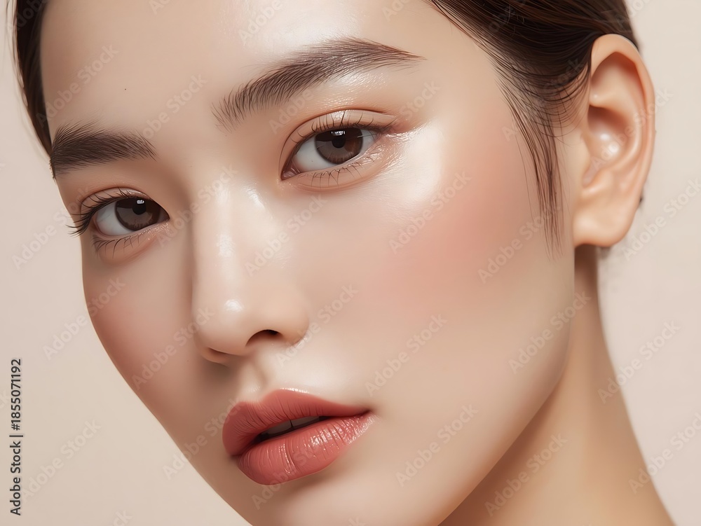 Fototapeta premium Radiant Asian woman with flawless skin and soft makeup, showcasing a natural glow and subtle lip color against a pastel backdrop