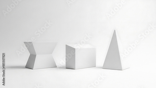 Three white geometric shapes on a white background cube pyramid