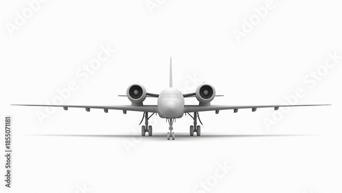Front view of a gray twin-engine propeller aircraft on a white background airplane