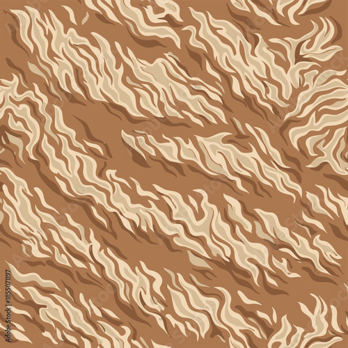 Desert tiger stripe camouflage seamless vector pattern
Brown sand military camo background with wavy stripes