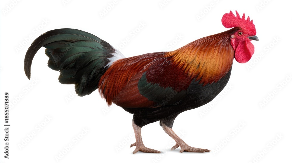 Fototapeta premium Majestic Rooster: A vibrant rooster with striking plumage stands in profile. Showcasing the beauty and character of rural life.