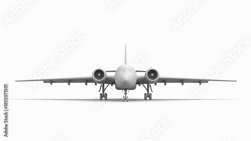 Front view of a gray bomber aircraft with four engines and landing gear extended