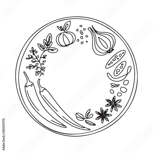 A circular plate adorned with sketched vegetables and spices simple line art