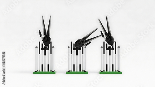 Three pixelated black clawed hands emerging from transparent vertical bars on green bases