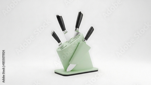 Green knife block with five knives on a white background mint