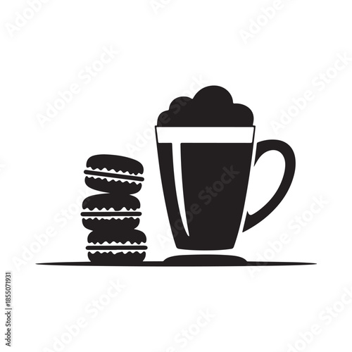 A stack of macarons and a cup of coffee on a serving tray