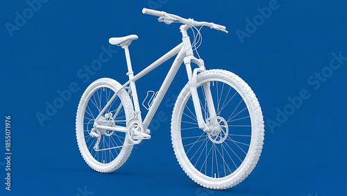 White mountain bike with thick tires and front suspension on blue background bicycle