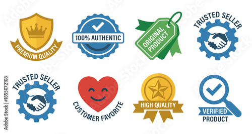 Set of eight quality assurance and verification icons including premium quality, 100% authentic, original product, trusted seller, customer favorite, high quality, and verified product badges