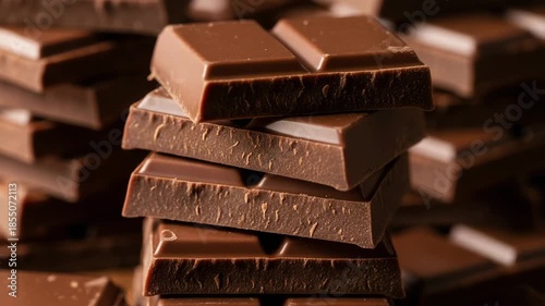 Stacked pieces of milk chocolate in closeup view  , square pieces of unsweetened baking chocolate,