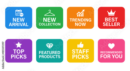 Collection of colorful sale and promotional badges indicating new arrivals, trending items, top picks, and best sellers for retail marketing