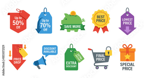 Vibrant collection of flat design marketing icons, perfect for promoting e-commerce sales, special discounts, and limited-time offers across various retail platforms