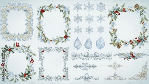 Winter floral and snowflake design elements with holly berry frames and ornaments for christmas decoration and festive greeting cards