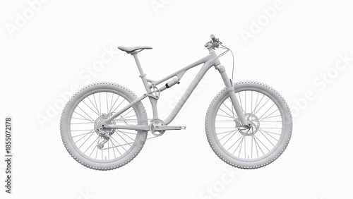 White mountain bike with front suspension and thick tires on white background bicycle