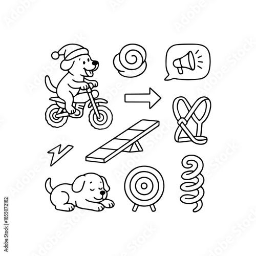 A charming collection of cartoon dog illustrations and diverse playful symbols