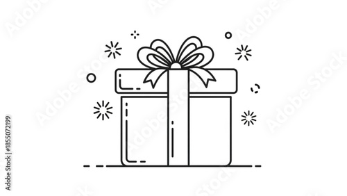 Gift box with ribbon and sparkles simple line art illustration for celebration and surprise concepts isolated on white