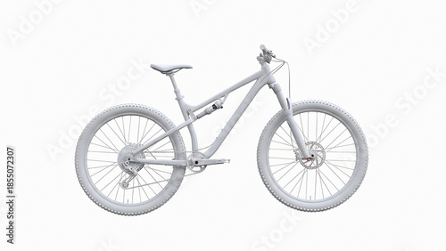 White mountain bike with front suspension and thick tires against white background bicycle