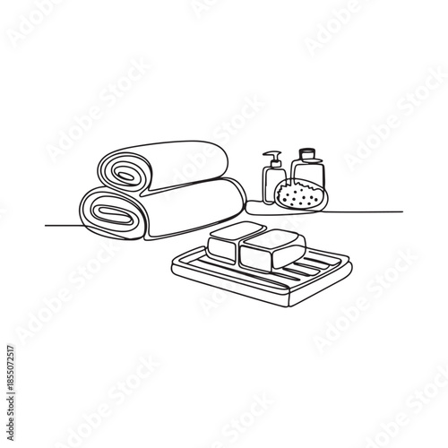 Simple line drawing of stacked towels soap and bathroom accessories