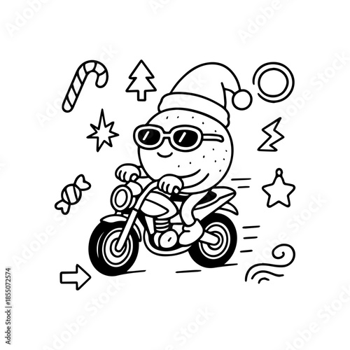 Festive character in santa hat and sunglasses rides a motorcycle amidst holiday symbols