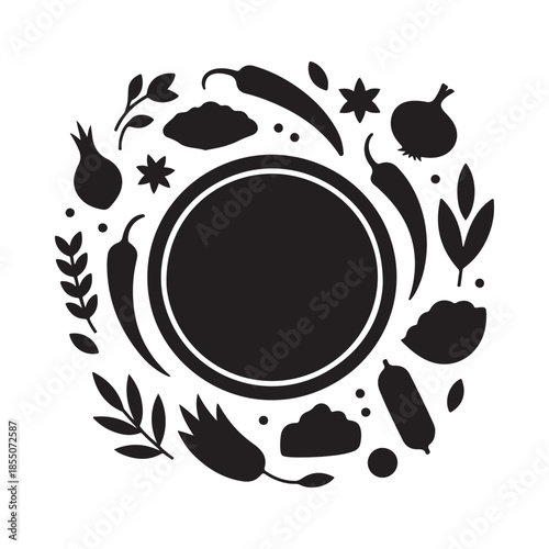 A circular design featuring various vegetables and spices in a black silhouette style