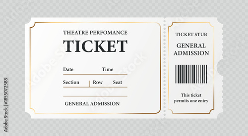 Vector Realistic Paper Event Ticket Template. Retro Cinema or Theater Ticket Template. Movie, Performance, Festival Concept. Admission Pass, Classic Entertainment Vintage Ticket