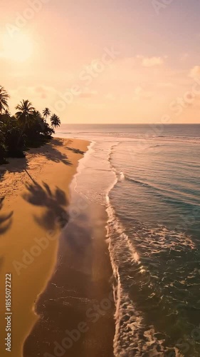 Aerial Cinematic minimal tropical coastline at golden hour,