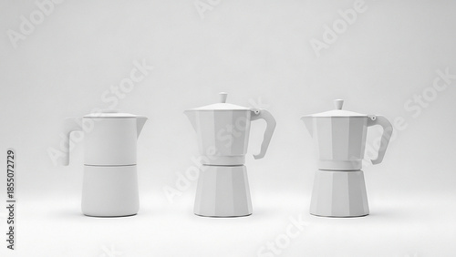 Three white coffee makers on a plain background