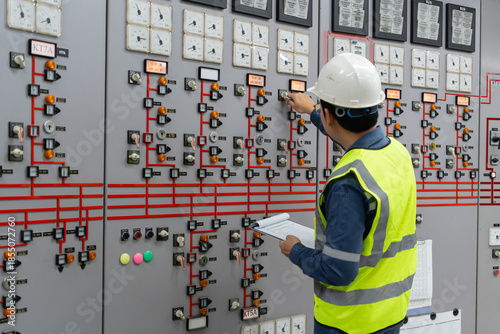 Cuadro en lienzo Professional electrical engineer in hardhat and safety vest inspecting control panel and monitoring gauges in power station control room, ensuring industrial energy system safety and efficiency