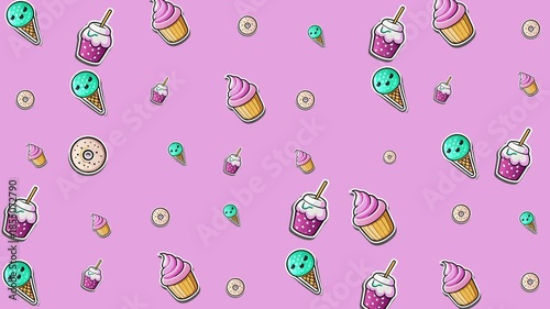 Pattern of sweets on a pink background suitable for bakery websites, candy shops, dessert blogs, packaging design, and party invitations.