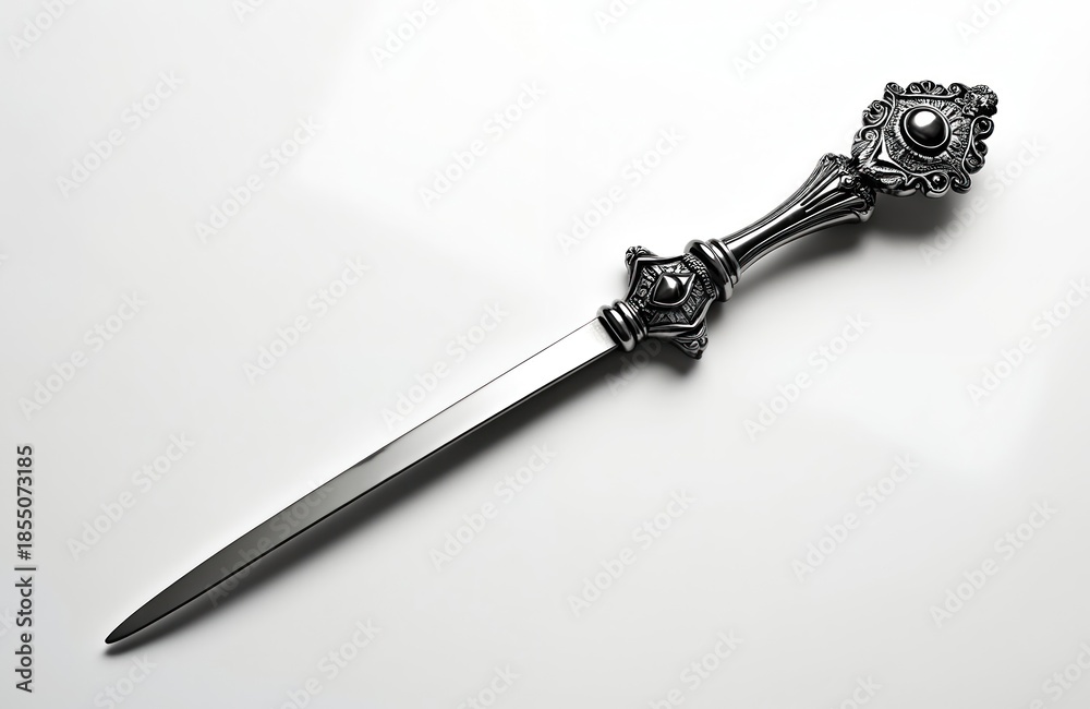 Fototapeta premium Ornate silver letter opener with intricate handle. This metallic blade and decorative stationary item has a shiny reflective surface. Classic office tool for opening mail.