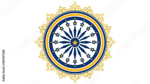 Intricate blue yellow starburst design element with ornate gold filigree on white background for decorative artistic projects