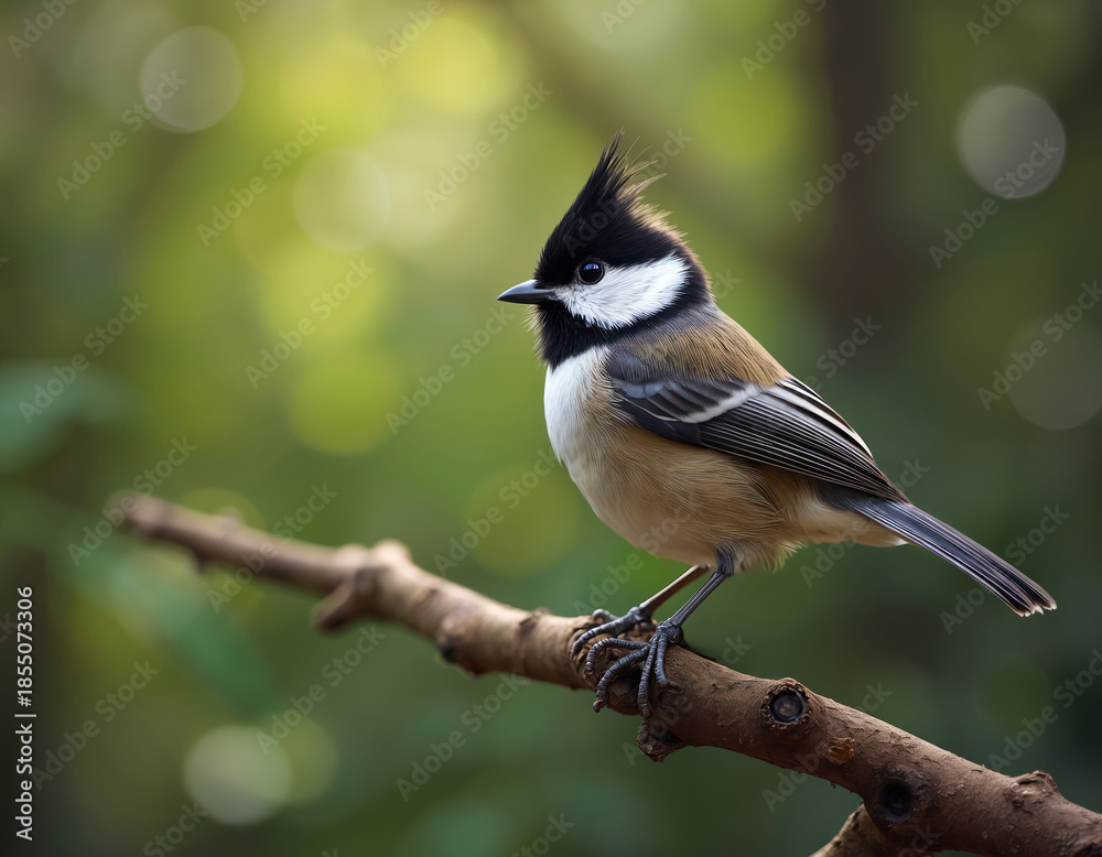 Obraz premium Crested tit bird perched on branch. Small wild animal with black crest, white cheeks, brown body sits in forest. Nature scene, focus on avian wildlife.