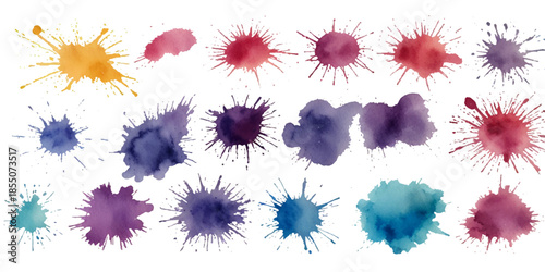 Collection of colorful abstract watercolor splashes and ink blot splatters showing grunge drops, stains, and blobs on white with dynamic artistic flow and texture