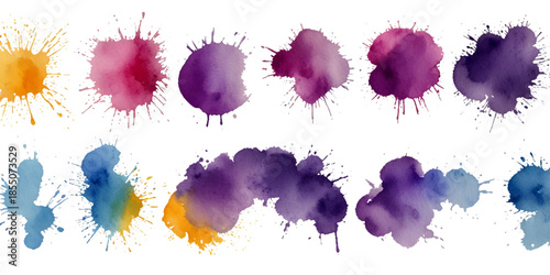 Collection of colorful abstract watercolor splashes and ink blot splatters showing grunge drops, stains, and blobs on white with dynamic artistic flow and texture