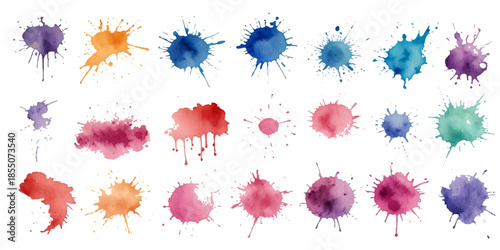 Set of vibrant abstract watercolor splashes and ink splatters featuring colorful grunge drops, stains, and blobs isolated on white with dynamic artistic fluid motion textures