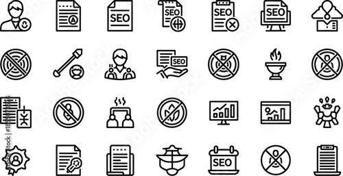 Essential SEO and Digital Marketing Line Icons for Web Analytics, Search Engine Optimization, Online Business Strategies, and Data Management Vector Collection