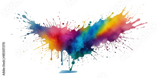 abstract rainbow creative horizontal banner from paint splashes. Bright colorful watercolor splash splatter stain brush strokes on white background. Modern vibrant aquarelle spot. Rainbow trendy
